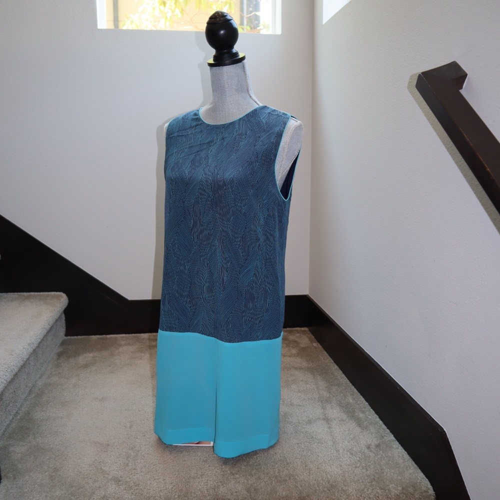 Rebecca Taylor Silk A-line dress. Navy print and turquoise color block. Sz 8